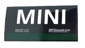 Lego Slope, Curved 2 x 4 x 2/3 with Bottom Tubes with White 'MINI', 'sparco', BFGoodrich Logo and Dark Green Stripe Pattern (Sticker) - Set 75894