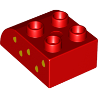 Lego Duplo Brick 2 x 3 with Curved Top with Yellow Raindrops (Strawberry Seeds) On Left Print / Red