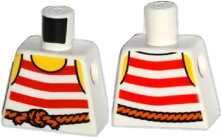 Lego Torso Pirate Tank Top with Red Horizontal Stripes, Dark Orange Rope Belt, Yellow Neck and Shoulders Pattern / White