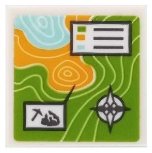 Lego Tile 2 x 2 with Map Topographical with Compass Rose and Pickaxe Pattern (Sticker) - Set 41432 / White