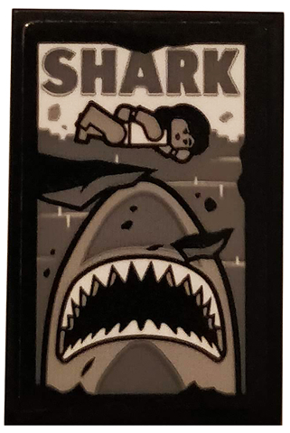 Lego Tile 2 x 3 with 'SHARK', Swimmer, Sea and Shark Gray and Ripped Pattern (Sticker) - Set 75810
