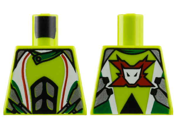 Lego Torso World Racers - White and Silver Jacket with Team Extreme Logo on Back Pattern / Lime