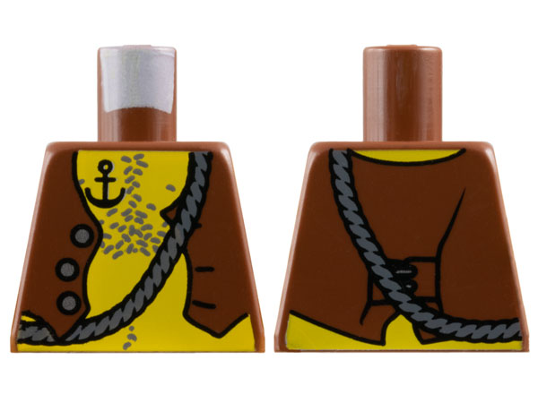 Lego Torso Pirate Vest Open with Silver Buttons, Dark Bluish Gray Rope and Chest Hair, Black Anchor Tattoo on Yellow Skin Pattern / Reddish Brown