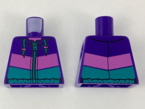 Lego Torso Puffy Jacket with Dark Pink Panel, Dark Turquoise Waistband, Zipper and Drawstrings Pattern / Dark Purple