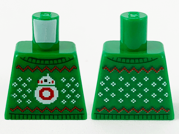 Lego Torso Knit Fair Isle Holiday Sweater with White SW BB-8 and Snowflakes, and Red Zigzag Pattern / Green