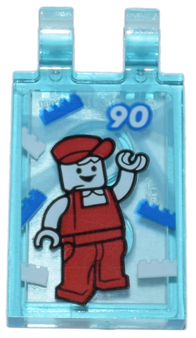 Lego Tile, Modified 2 x 3 with 2 Open O Clips with LEGO Mascot Minifigure with Red Hat and Jumpsuit, LEGO Bricks, and '90' Pattern (Sticker) - Set 80036 / Trans-Light Blue