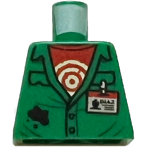 Lego Torso Coveralls with Pockets, Red Undershirt with Circles, Silver 'DIAZ' ID Badge, Black Splotch Pattern / Green