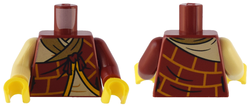 Lego Torso Robe with Bright Light Orange Brick Lines over Tan Robe with Gold Trim Pattern / Dark Red Arm Left / Tan Arm Right / Yellow Hands
