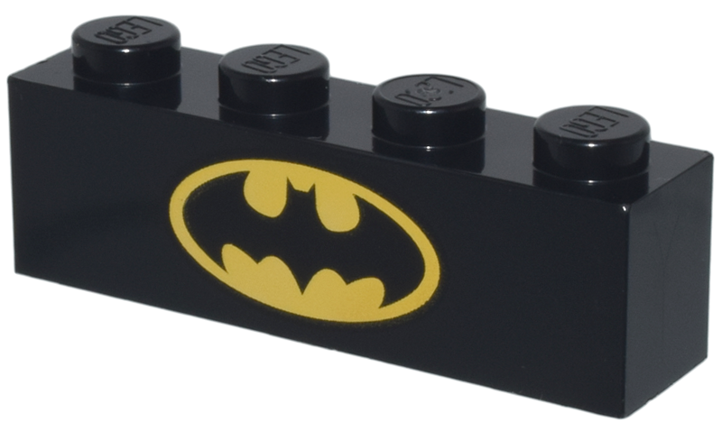 Lego Brick 1 x 4 with Bat on Yellow Oval Batman Logo Pattern / Black