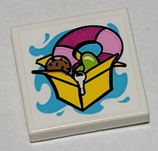 Lego Tile 2 x 2 with Yellow Box, Key, Magenta and Bright Pink Life Preserver Pattern (Sticker) - Set 41374 / White