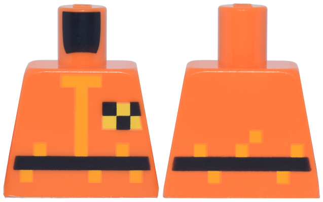 Lego Torso Pixelated Hazmat Suit, Bright Light Orange Trim, Black Belt, Yellow Checkered Badge Pattern / Orange