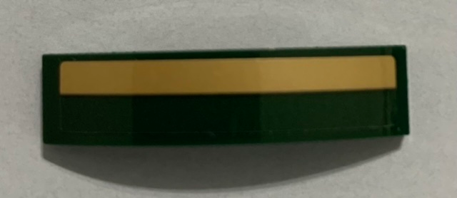 Lego Slope, Curved 4 x 1 x 2/3 Double with Gold Stripe on Dark Green Background Pattern (Sticker) - Set 71044 / Dark Green