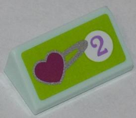 Lego Slope 30 1 x 2 x 2/3 with Heart and Purple Number 2 in White Circle on Lime Background Pattern (Sticker) - Set 41007