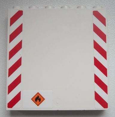 Lego Panel 1 x 6 x 5 with Red and White Danger Stripes and Black Flame Pattern (Stickers) - Set 60020 / White