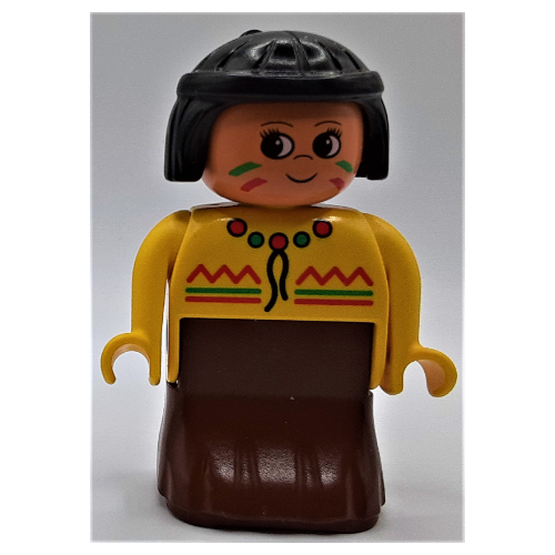 Lego Duplo Figure, Early, Dress Brown, Green and Red Decorations, Black Hair (American Indian) / Yellow