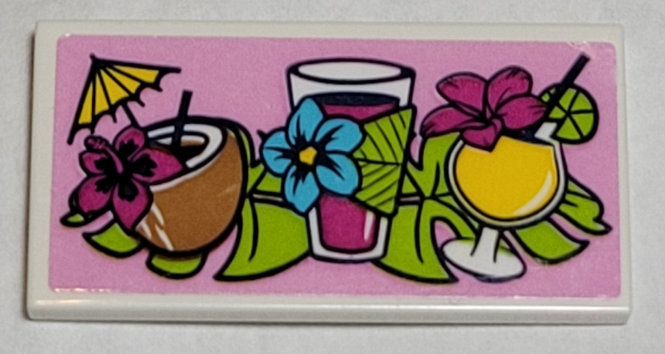 Lego Tile 2 x 4 with Tropical Drinks, Lime Leaves, and Magenta Flowers on Bright Pink Background Pattern (Sticker) - Set 41374