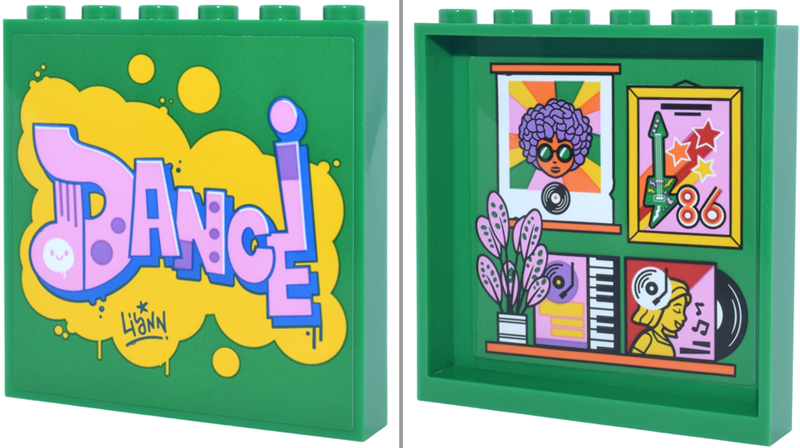Lego Panel 1 x 6 x 5 with Bright Pink 'DANCE!' on Yellow Bubbles and Framed Pictures, Shelf with Record Albums and Plant on Inside Pattern (Stickers) - Set 42653 / Green
