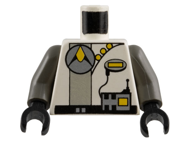 Lego Torso Space Exploriens Silver Circle Logo and Radio, Light Gray Stripe, Yellow Buttons, Black Belt Pattern / Dark Gray Arms / Black Hands