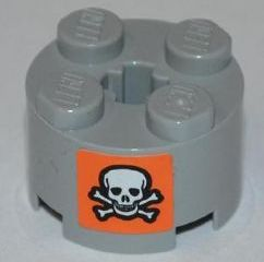 Lego Brick, Round 2 x 2 with Axle Hole with Skull and Crossbones on Orange Background Pattern on Both Sides (Stickers) - Set 8198