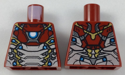 Lego Torso Silver, Gold, and Light Blue Armor, Iron Man Arc Reactor on Chest Pattern / Dark Red