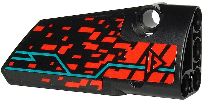 Lego Technic, Panel Fairing # 4 Small Smooth Long, Side B with Red 'V' and Stripe, Red Spots and Dark Turquoise Lines Pattern (Sticker) - Set 71713 / Black
