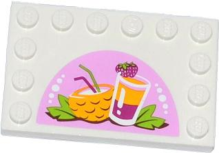 Lego Tile, Modified 4 x 6 with Studs on Edges with Drinks Pattern (Sticker) - Set 41035 / White