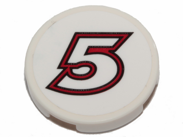 Lego Tile, Round 2 x 2 with Bottom Stud Holder with Black and Red Contoured '5' Pattern (Sticker) - Set 31094