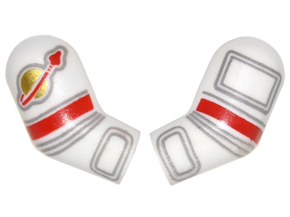 Lego Arm, (Matching Left and Right) Pair with Astronaut Spacesuit Panels, Gold Classic Space Logo, Red Stripe and 4 Light Bluish Gray Lines Pattern / White