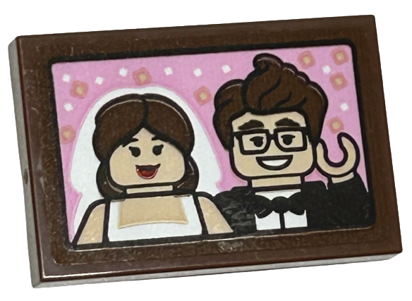 Lego Tile 2 x 3 with Wedding Picture of Bride and Groom Minifigures on Bright Pink Background Pattern (Sticker) - Set 43217