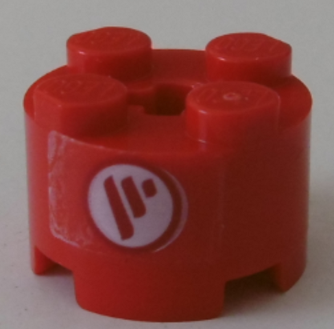 Lego Brick, Round 2 x 2 with Axle Hole with 3 Red Stripes in White Circle Pattern (Sticker) - Set 42100 / Red