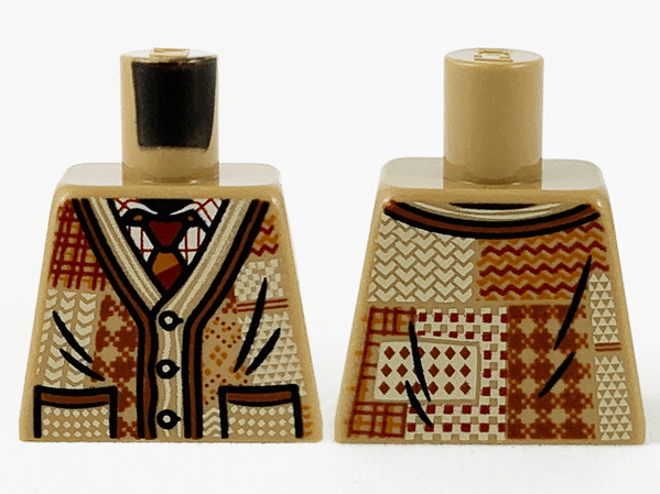 Lego Torso Patchwork Cardigan, Dark Red, Dark Orange, and Tan Stitching, Dark Red and Dark Orange Tie Pattern / Dark Tan