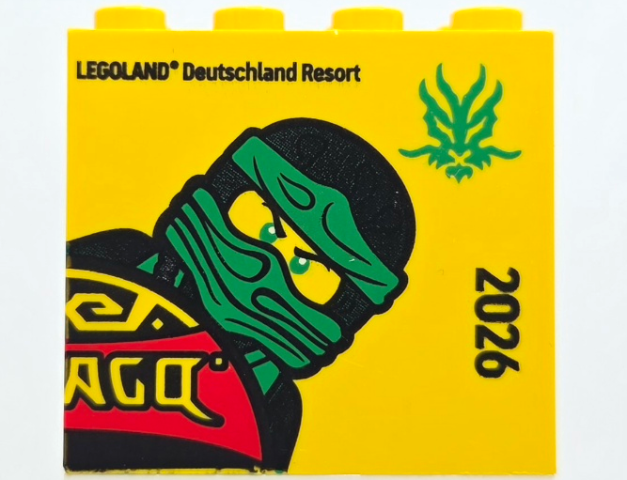 Lego Brick 2 x 4 x 3 with 2026 LEGOLAND Deutschland Resort and NINJAGO 15 Logo Upper Right Quarter with Lloyd Minifigure Pattern
