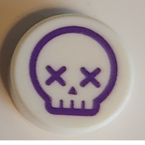 Lego Tile Round 1 x 1 with Dark Purple Skull, X for Eyes Print / White