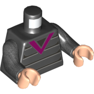 Lego Torso, Sweater with Stripes and Magenta V-neck Print, Pearl Titanium Arms, Light Nougat Hands