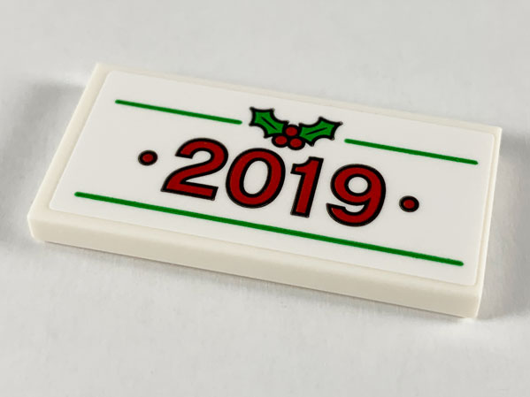 Lego Tile 2 x 4 with Red '2019', Green Lines and Holly with Red Berries Pattern (Sticker) - Set 40337