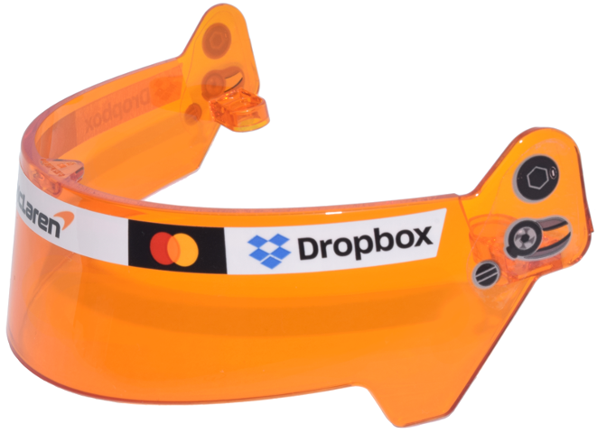 Lego Sports Motorcycle Helmet Large Visor with Black Bolt, Light Bluish Gray Fan and Vent, and Mastercard, 'McLaren' and 'Dropbox' Logos Pattern (Stickers) - Set 43017 / Trans-Orange