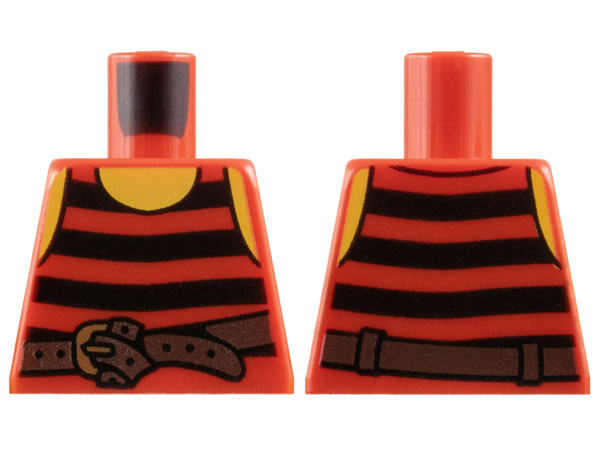 Lego Torso Pirate Tank Top with Black Horizontal Stripes, Dark Brown Belt with Gold Buckle, Yellow Neck and Shoulders Pattern / Red