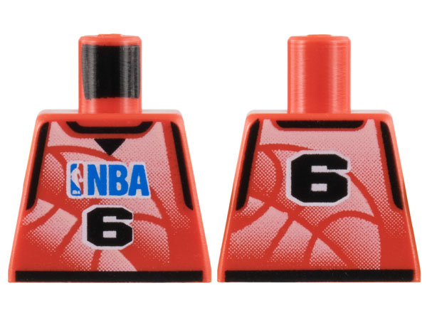 Lego Torso Basketball Jersey Tank Top with Black Trim, NBA Logo, and Black Number  6 Pattern / Red