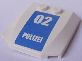 Lego Wedge 4 x 4 x 2/3 Triple Curved with White '02 POLIZEI' on Blue Background Pattern (Sticker) - Set 7744