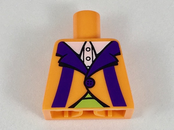 Lego Torso Jacket with White Collar, Dark Purple Lapels and Stripes, Lime Cummerbund Pattern / Orange