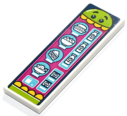 Lego Tile 2 x 6 with Menu with Lime Head with Eyes, Yellow Teeth, Hamburger, Salad, Sandwich, Drinks and Snacks on Medium Azure and Magenta Background Pattern (Sticker) - Set 41731 / White