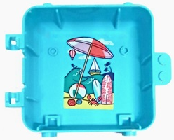 Lego Container, Box 3 x 8 x 6 2/3 Half Back with Coral, Bright Pink and White Beach Umbrella, Dark Turquoise Ocean, Bright Light Yellow Sand, Surf Boards, Hot Air Balloon, Boat, Palm Trees, Seashells, Ball, and Crab Pattern (Sticker) - Set 41411