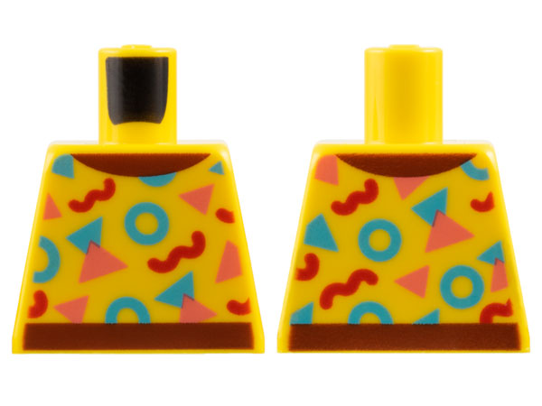 Lego Torso Top with Reddish Brown Collar and Hem, Bright Light Blue, Coral, and Red Circles and Triangles Pattern / Yellow