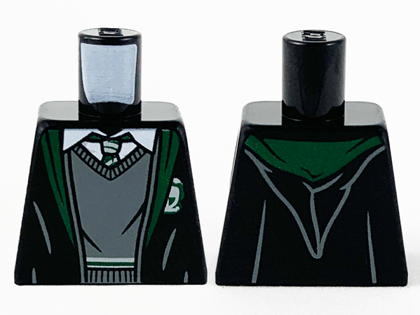 Lego Torso Robe with Dark Green Hem and Slytherin Logo, White Shirt Collar and Dark Bluish Gray Sweater Pattern / Black