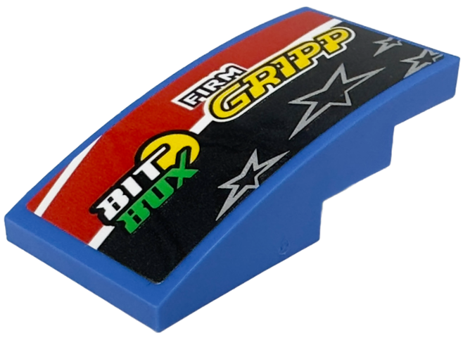 Lego Slope, Curved 4 x 2 with 'BIT BOX', 'FIRM GRIPP' and 4 Stars on Black, Red and White Stripes Pattern Model Left Side (Sticker) - Set 42153 / Blue