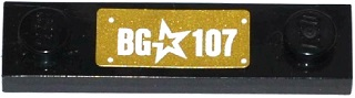 Lego Plate, Modified 1 x 4 with 2 Studs without Groove with White Star and 'BG 107' Pattern (Sticker) - Set 41107 / Black