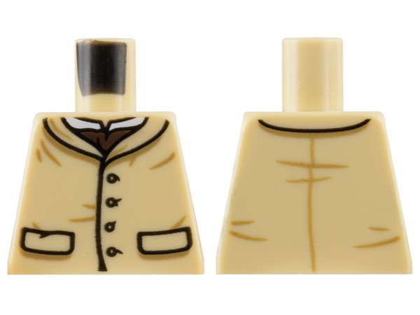 Lego Torso Vest, 4 Buttons, 2 Pockets, Dark Brown Cravat, White Collar Pattern / Tan