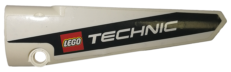 Lego Technic, Panel Fairing # 6 Long Smooth, Side B with Black Line and 'LEGO TECHNIC' Logo Pattern (Sticker) - Set 42039 / White