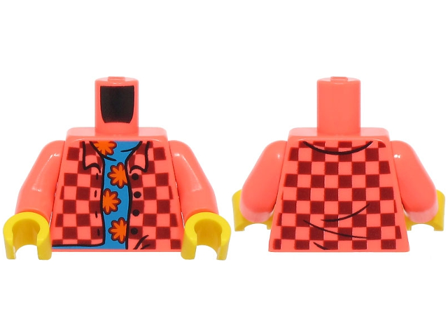 Lego Torso Plaid Shirt Open with Collar, Buttons and Dark Red Squares over Dark Azure Shirt with Orange Flowers Pattern (BAM) / Coral Arms / Yellow Hands