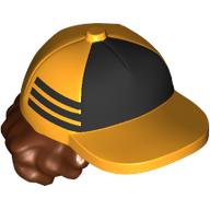 Lego Hair and Hat, Cap with Black Front and Reddish Brown Curly Hair / Bright Light Orange